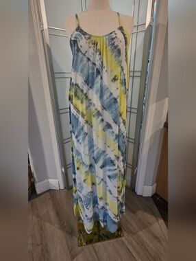 Aruba Blue Tie Dye Maxi Dress Strappy Back Beach Resort Coverup